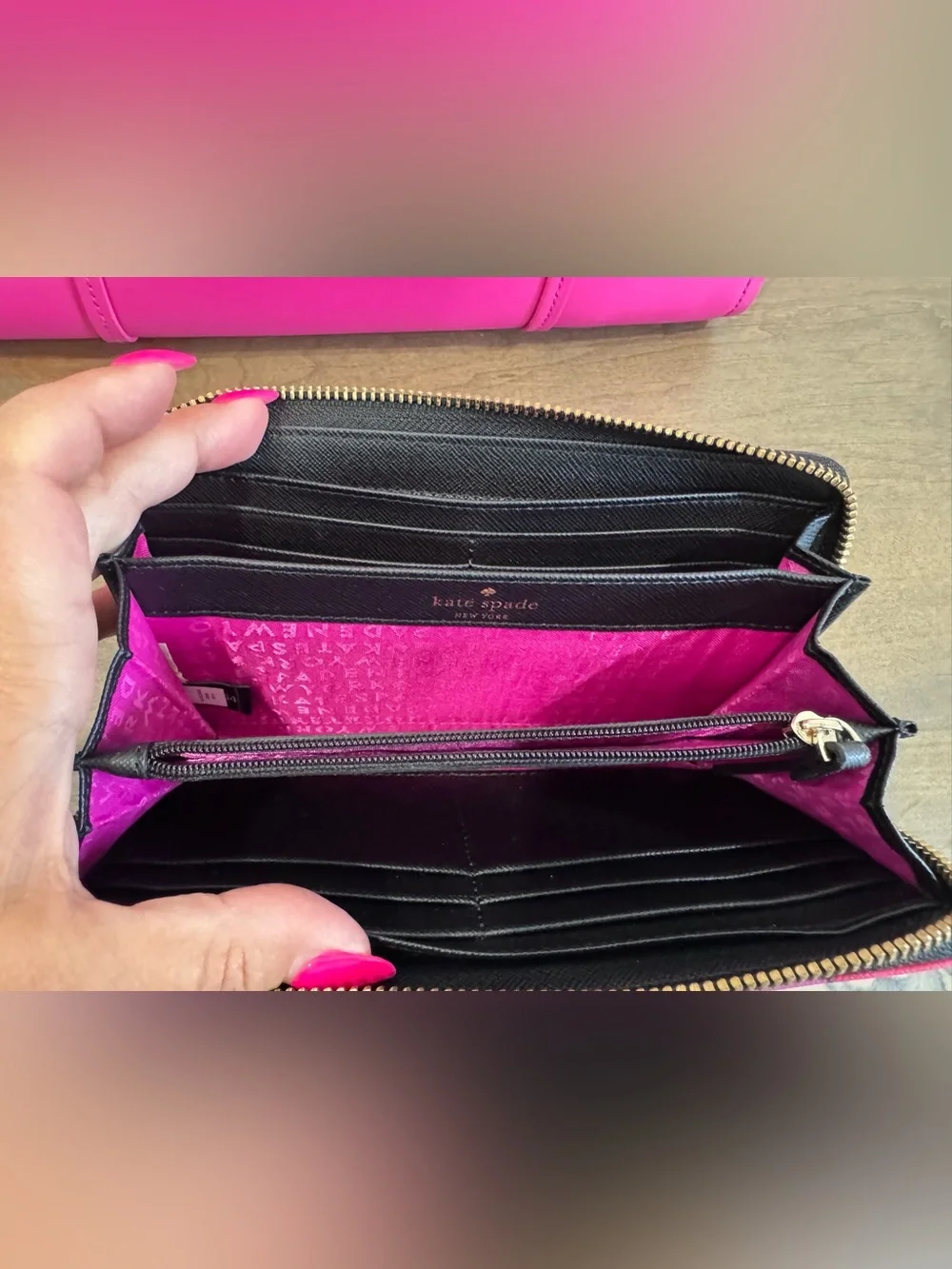 kate spade fuchsia tote with contrasting orange trim and patterned wallet